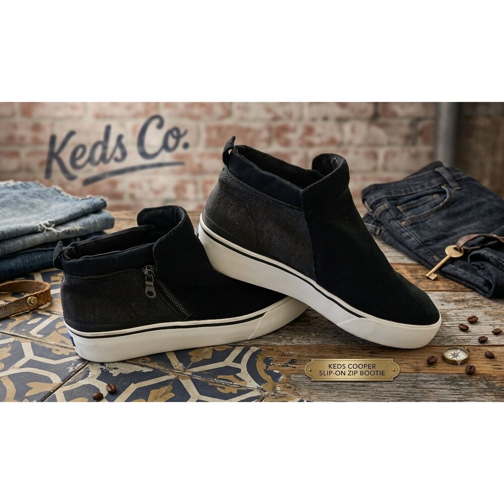 Keds Cooper Women’s 9.5 Slip On Zip Bootie Suede Denim Black Casual Shoes